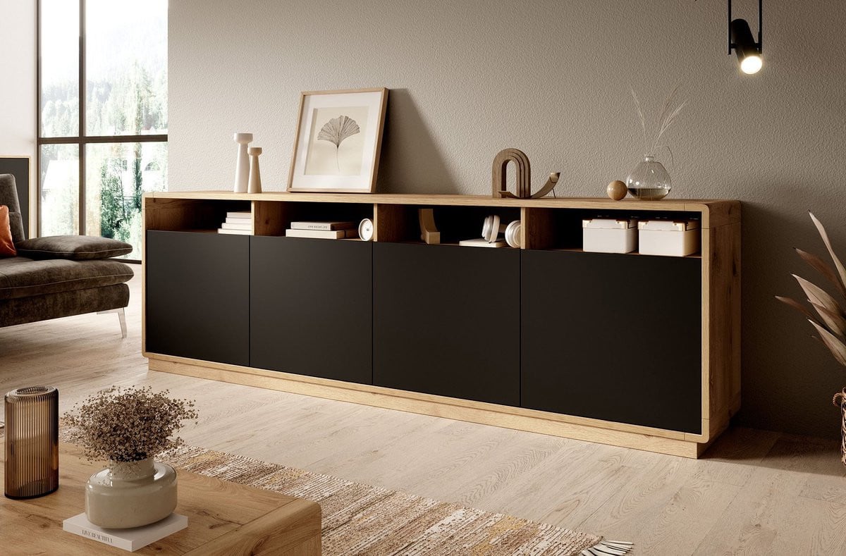Meubella Dressoir Acuna Modern Mat Zwart Eiken Breedte: 238 cm