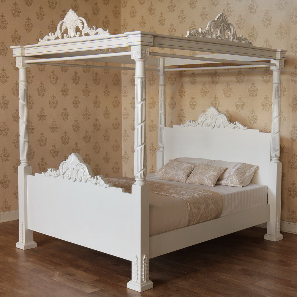 Astoria Grand Wesleyan Solid Wood Canopy Bed Antique White Double (4'6)