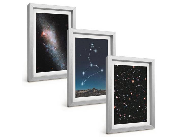 Tulup Bilder SET 3er Set - 20x30 cm Silberner Rahmen - Galaxie im Sternbild Löwe, Silberfarben, Kunststoff, Rechteckig, 20x30 cm, einfache und schnelle Anbringung, Bilder & Rahmen, Bilder