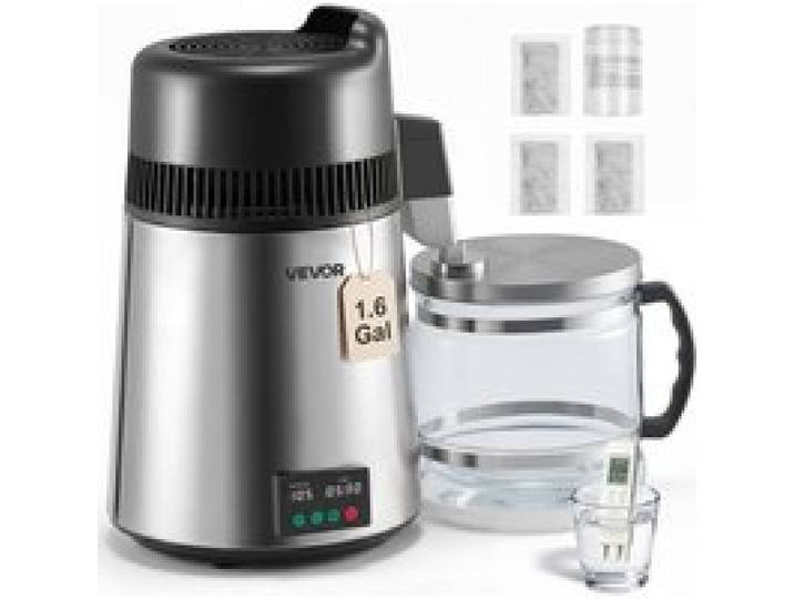 VEVOR Wasserdestilliergerät 6 L größerer Reinwasserfilter, 900 W Destilliergerät aus Glas, Trinkwassergerät mit Edelstahlinnenraum zur Herstellung von sauberem Wasser, Wasserdestillierer Silber