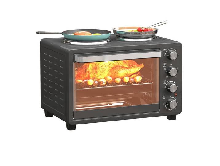 HOMCOM Minibackofen Mini Backofen 28L inkl. Krümelblech, mit Innenbeleuchtung Schwarz, mit Warmhalteplatten, Backblech und Grillrost