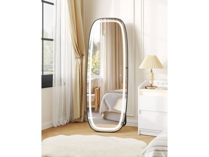 1 miroir sur pied noir avec éclairage, miroir incurvé, miroir mural, 3 couleurs de lumière, luminosité réglable, pour chambre à coucher