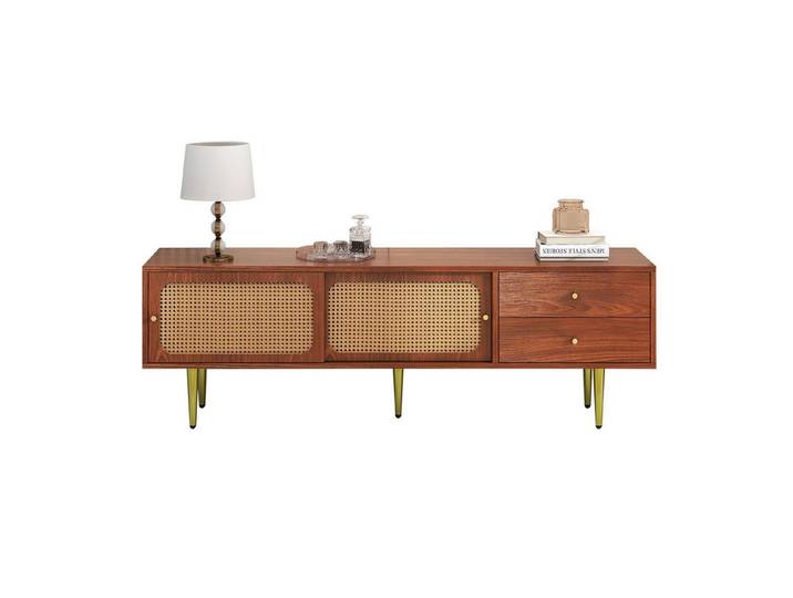 Merax Lowboard im Vintage-Stil mit Rattan Geflecht, TV-Schrank mit 2 Schiebetüren und 2 Schubladen,Breite 160cm