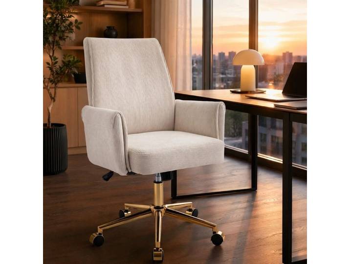 Chaise de bureau - ZEVKOR - Réglable - Dossier mi-haut ergonomique - Tissu côtelé blanc - Base métallique dorée