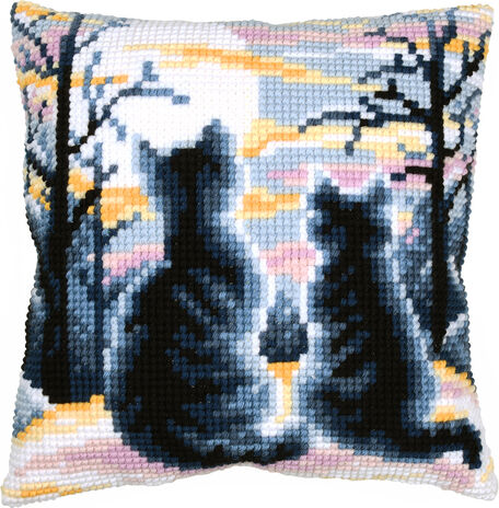 Kreuzstichkissen "2 Katzen Abendrot"