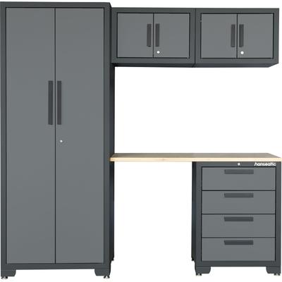 Werkbank HANSEATIC "Werkstattset Brisbane", grau, B:195cm H:192cm L:195cm T:47cm, Bambus, Metall, Stahl, Werkbänke, vormontiert, abschließbar, höhenverstellbar