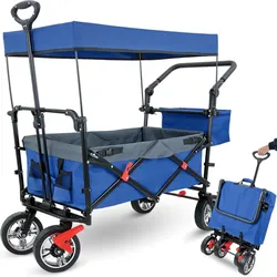 DELUKE Bollerwagen faltbar mit Dach REGGI - Für Kinder & Tiere | Handwagen Transportwagen belastbar bis 80kg Feststellbremsen Sonnen- und Regenschutz, Blau