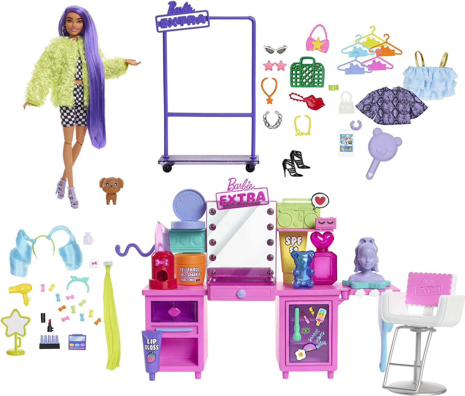 Barbie Extra speelset met pop, stylingtafel en meer dan 45 accessoires