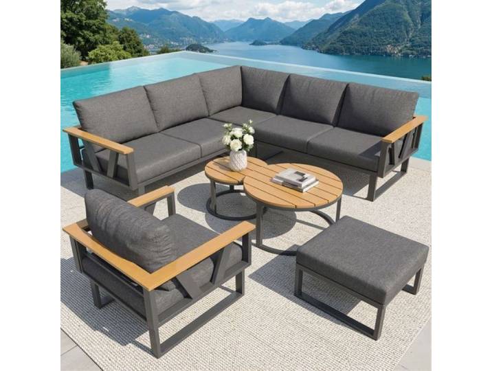 Salon de jardin exterieur 6 places Canapé d'angle Coussin 9cm Mobilier jardin Avec Table ronde bois Pied réglable Gris