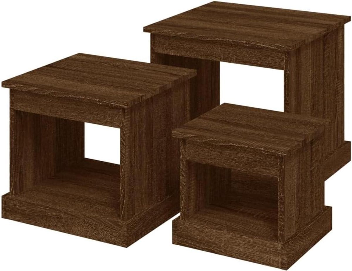 3-delige stapelbare salontafel set in bruin eikenhout
