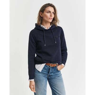 Hoodie GANT "REG TONAL SHIELD HOODIE", Damen, Gr. M, blau (evening blau), Sweatware, Obermaterial: 78% Baumwolle, 22% Polyester, regular fit hüftlang, Rippbündchen, Sweatshirts Hoodie, Ton in Ton Stickerei, Rippbündchen