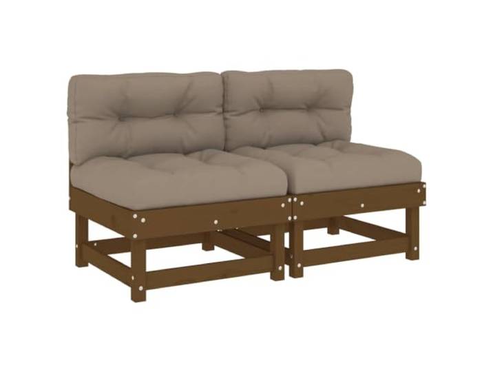 Coespram 2er Set Mittelsofa mit Kissen Massivholz Kiefer Honigbraun Flexible Ecksessel Erweiterung für Terrasse & Balkon mit bequemen Polstern und robuster Kiefernholz Konstruktion.