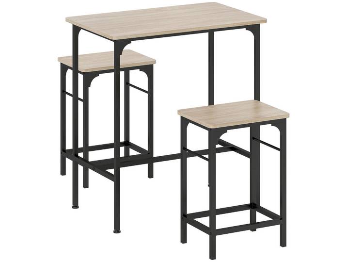 Homcom Bartisch Set Bartisch mit Barhocker-Set Esstisch mit 2 Stühlen mit Fußpolster, Naturfarben, Holz, 50x87x80 cm, Esszimmer, Barmöbel, Barschränke & Theken
