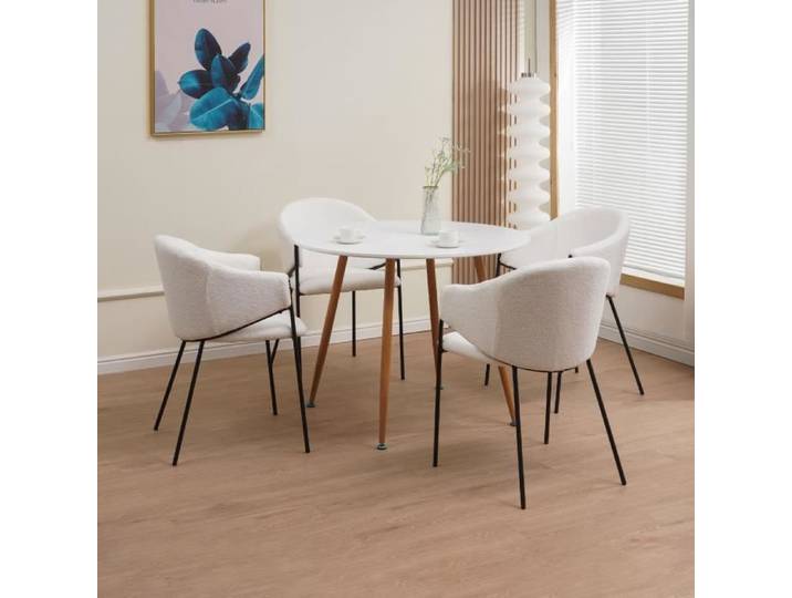 Ensemble repas table ronde + 4 fauteuils bouclette blanc - SCANDI