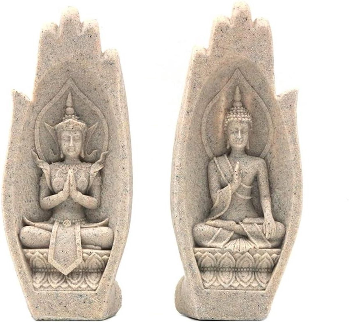 Allecto Boeddha standbeeld set van 2 stuks - Zandsteen look - Decoratie voor thuis, kantoor of yoga studio
