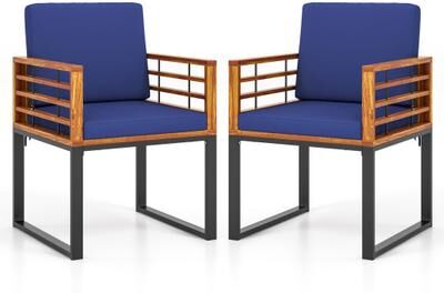 Costway Acacia Wood Outdoor Dining Chairs Set of 2 with Soft Cushions-Navy
