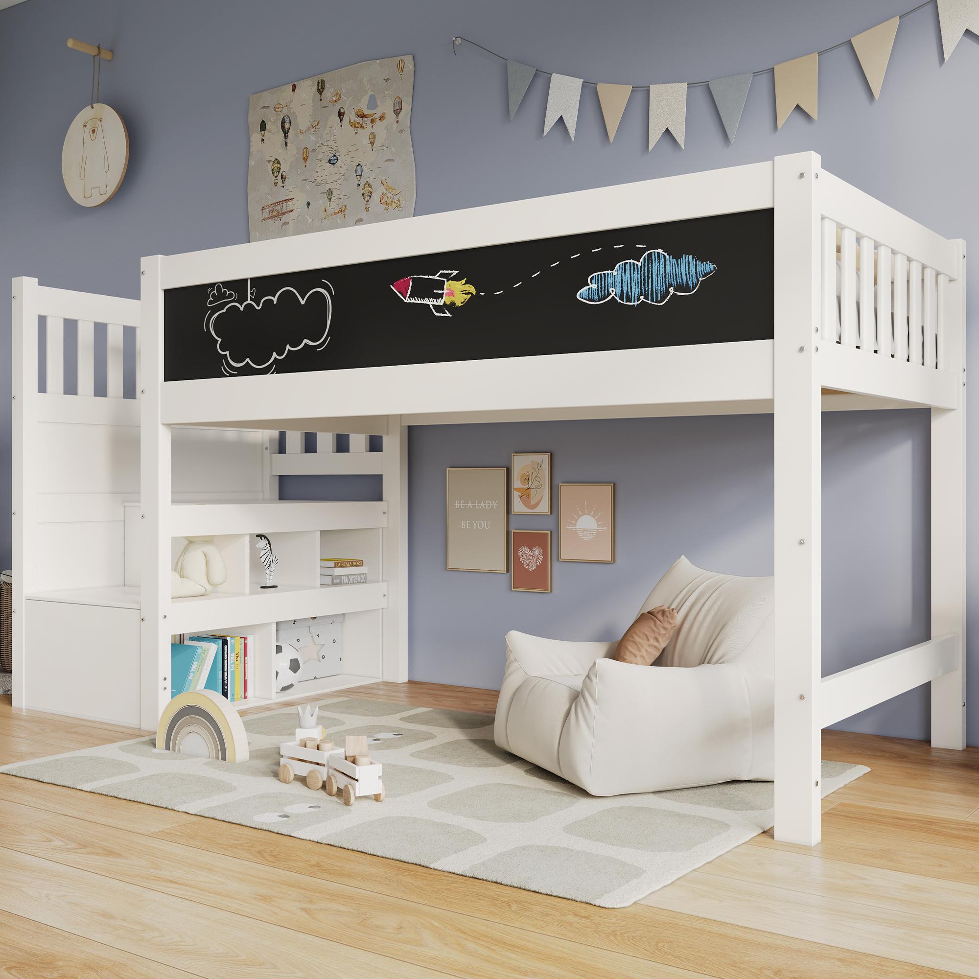 Kinderbett Hochbett mit Whiteboard&Tafel,Speicherung und Rausfallschutz 90 x 200 cm, Weiss Hochbett für Kinder- Lattenrost- Weiß(Ohne Matratze)