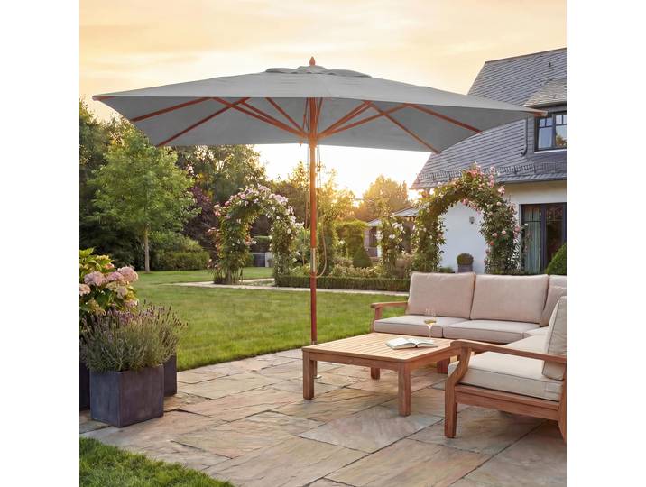 Gastronomie Holz-Sonnenschirm HWC-C57, Gartenschirm, Polyester/Holz 14kg, eckig 3x3m Seilzug stoßsicher hellgrau