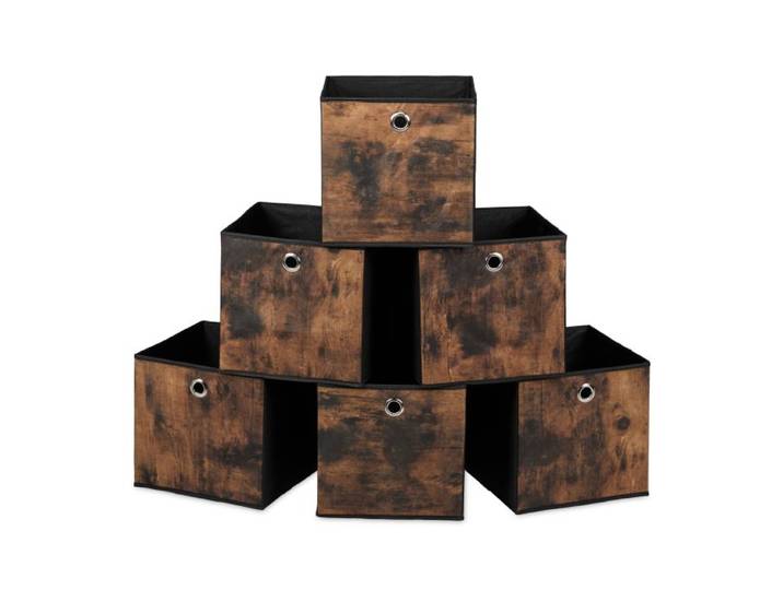 Relaxdays Stoffen opbergmand houtlook set van 6