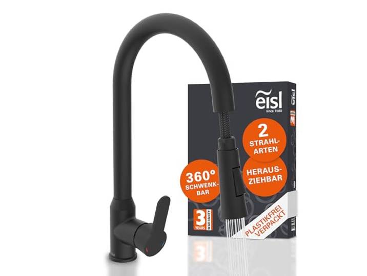 EISL Adria Wasserhahn Küche schwarz ausziehbar Spültischarmatur schwarz 360°, Küchenarmatur mit hohem Auslauf, Wasserhahn Küche mit ausziehbarem Auslauf