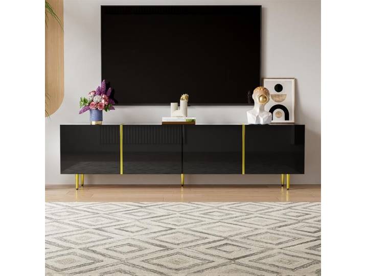 Armoire TV Noir Haute Brillance Banc TV avec 4 Portes Meuble de Salon Moderne Pieds dorés Elegant 170x35x46cm
