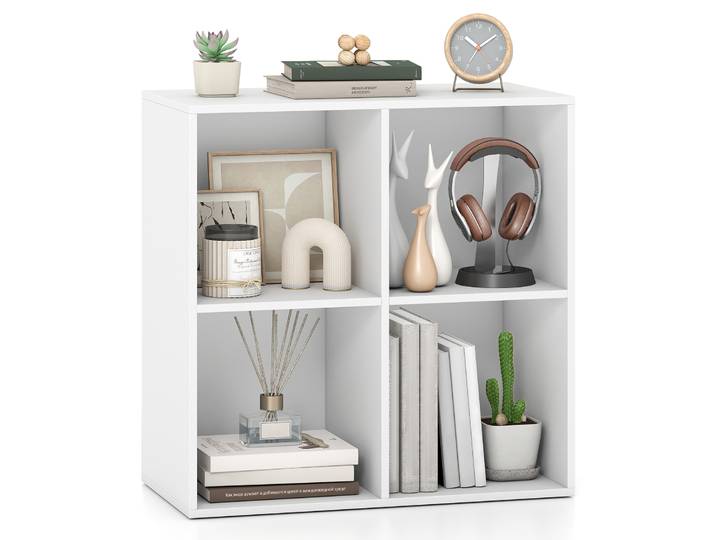 Boekenkast van Hout met 4 Open Vakken Witte Boekenkast met Kantelbeveiligingsset Cube Rek Staand Rek Opbergrek Wit