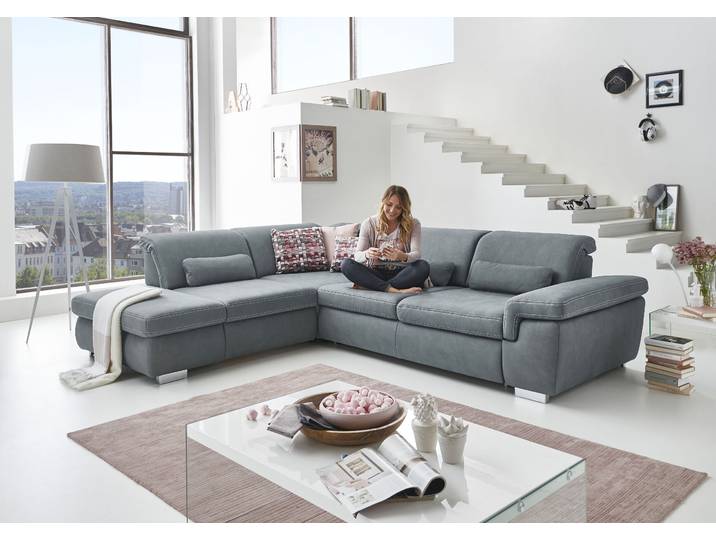 Ecksofa, Silber, 320x260 cm, 100% Polyester, Sitztiefenverstellung & Kopfteilverstellung, Modern