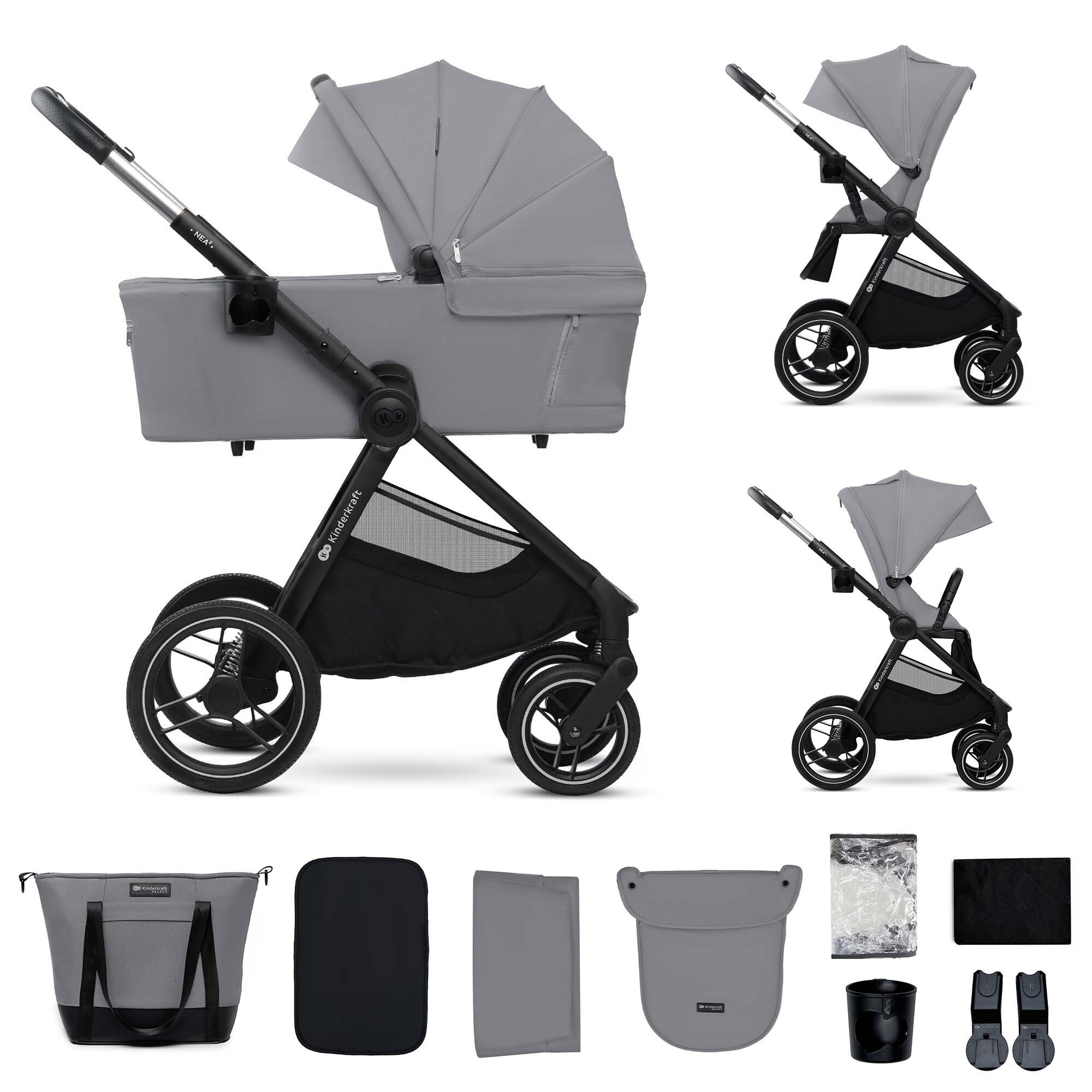 Kinderkraft NEA 2 - Kinderwagen 2-in-1 - bis 27 kg - Babywanne & Buggy - pannensichere Räder - wasserdichtes Verdeck UPF50+ - faltbar wendig - Grau