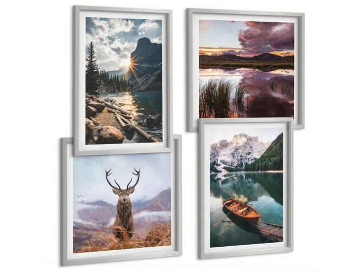 BILDER SET 4er Set - 50x50 cm & 40x60 cm Silberner Rahmen - Bergsee, Bootsfahrt, Sonnenuntergang, Hirsche