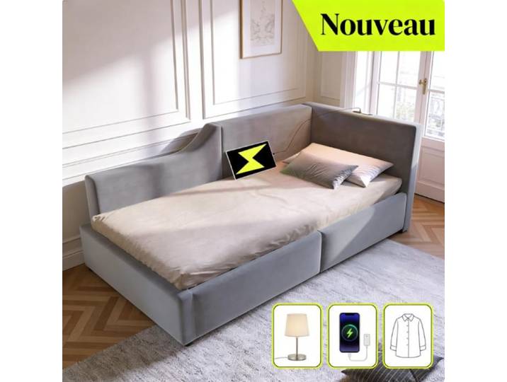 Canapé-lit - OEM - Design - 90x200 - Velours - Rangement hydraulique USB-C lumière de lecture