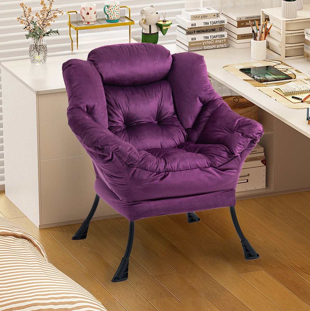 FloraGrace Fauteuil met Armleuningen en Zijvak, Paarse Velvet Bekleding