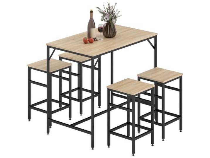 HOMCOM 5-Teiliges Bartisch Set mit 4 Stühlen für Küche, Eiche+Schwarz Bartisch mit Barhocker-Set, Esstisch, Küchentisch, für Esszimmer