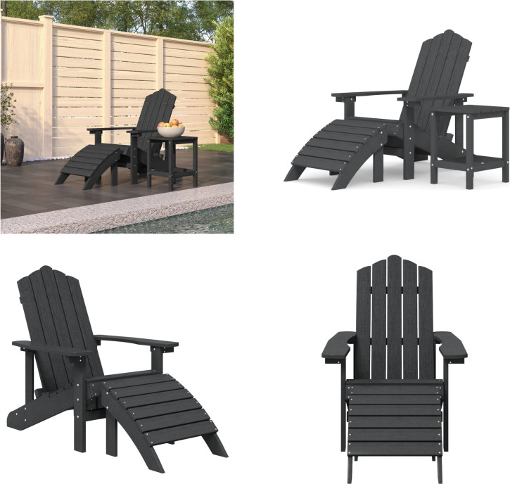 vidaXL Adirondack Gartenstuhl mit Hocker & Tisch HDPE Anthrazit - Gartenstuhl - Gartenstühle - Outdoor Stuhl - Gartensessel