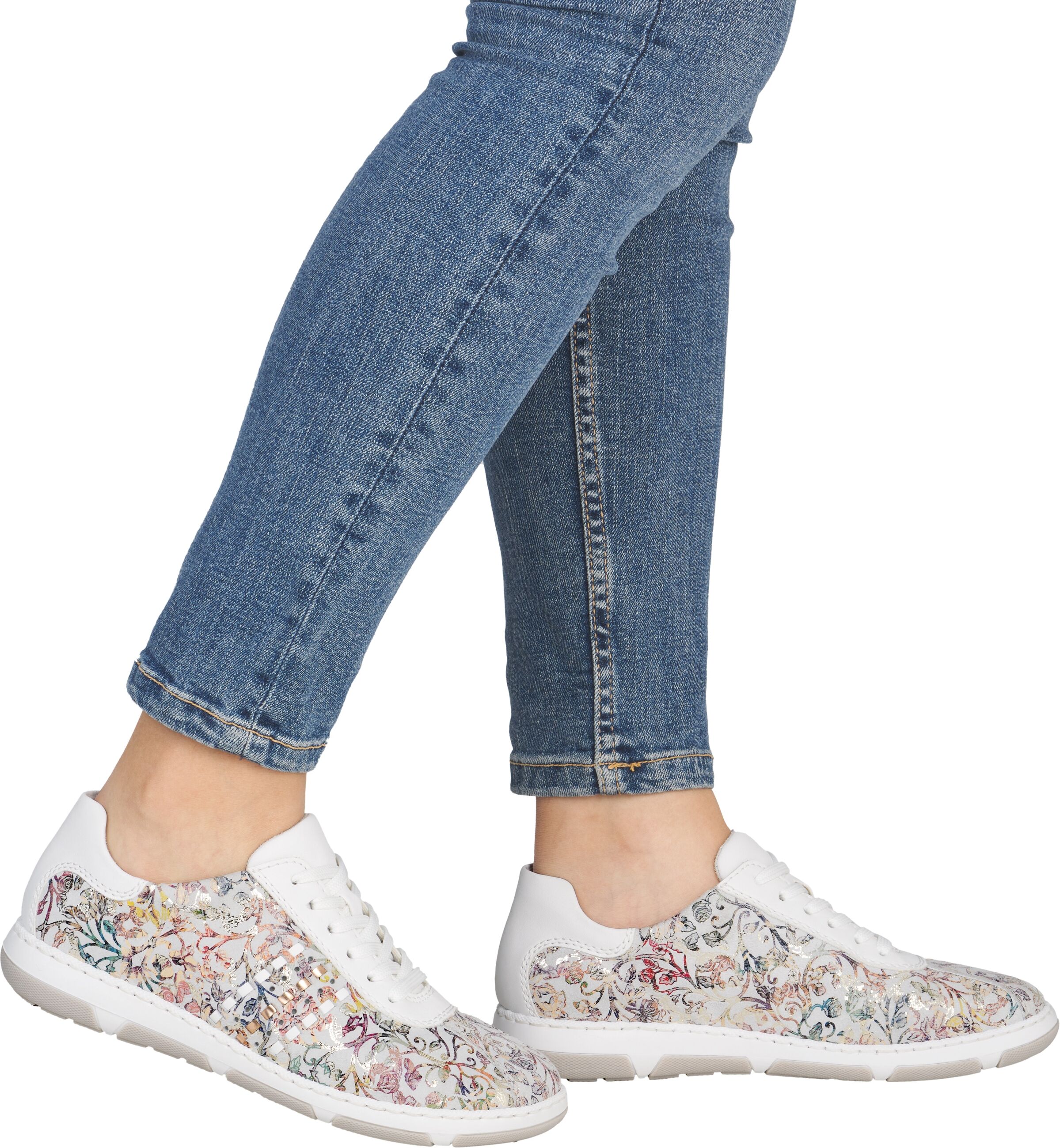 Sneaker RIEKER, Damen, Gr. 38, bunt (weiß multi), Glattleder, Synthetik, Schuhe Sneaker, Schnürschuh, Halbschuh, Freizeitsneaker mit floraler Musterung