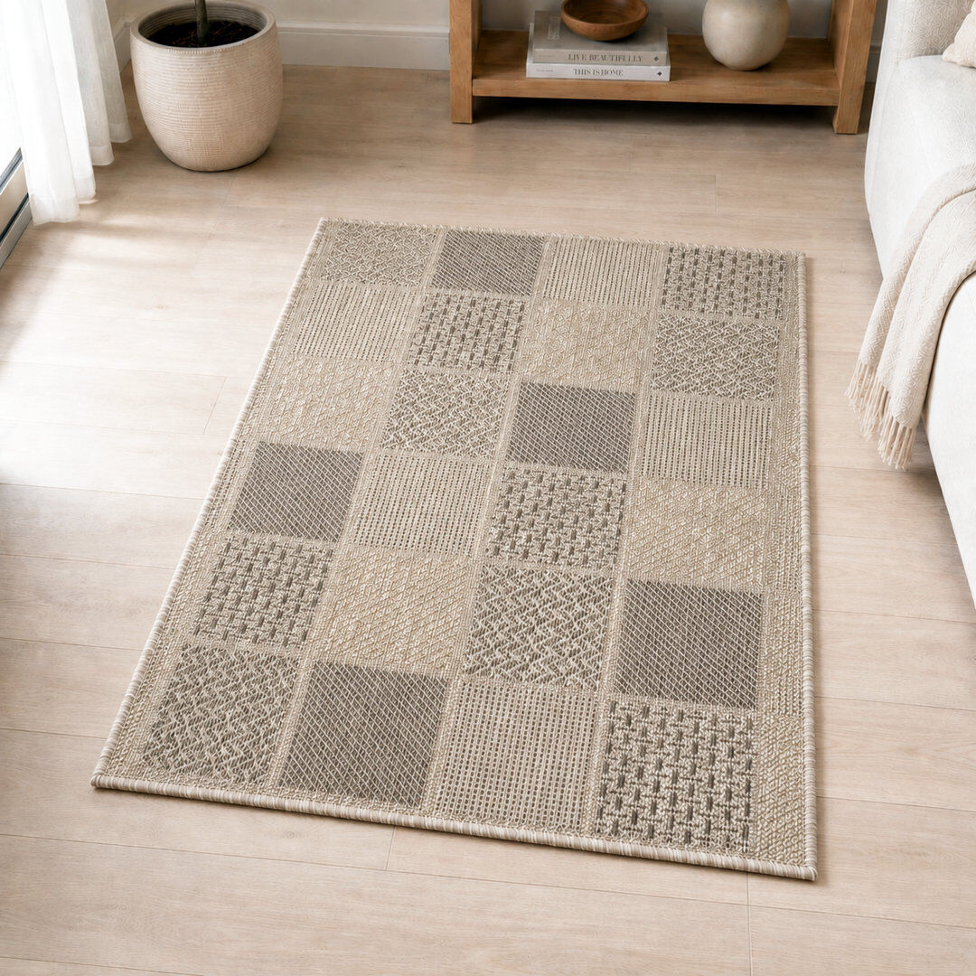 17 Stories Non Slip Rug Flat Weave Check Kitchen Living Room Carpet Beige/Taupe/Brown Runner 80 cm x 250 cm