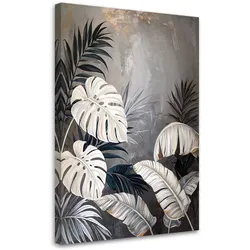 WANDBILD, Monstera- und Bananenblätter auf grauem Hintergrund