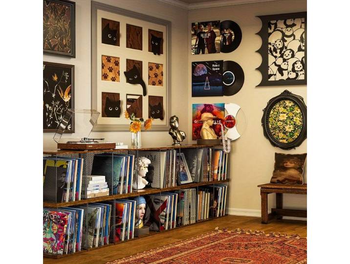Panier de rangement pour disques vinyles, support pour disques de musique classique rétro country, boîte empilable combinée en fer et bois