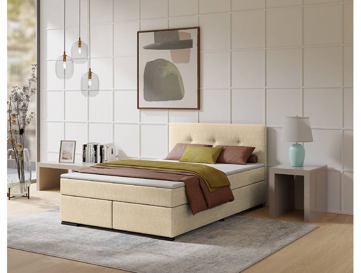 Lit boxspring/lit familial Rheem type A 140 x 200cm Tissu Mavie Beige