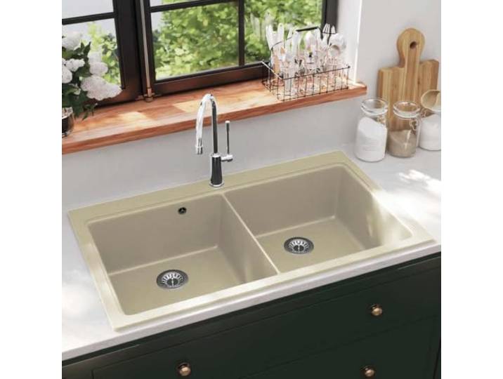KFPOERTFGD Doppelbecken Granitspüle 860x510mm Beige Spülbecken Widerstandsfähiges Quarz-Harz-Material, Kratzfest & Hitzebeständig