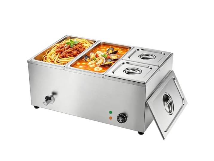 TAIMIKO Elektrisches Badezimmer, Edelstahl, 220 V, professionelle Speisew?rmer, Bain Marie mit 6 F?Chern, mit Abflussventil, Temperaturkontrolle (2 X1/3+2 X 1/6 GN Behälter)
