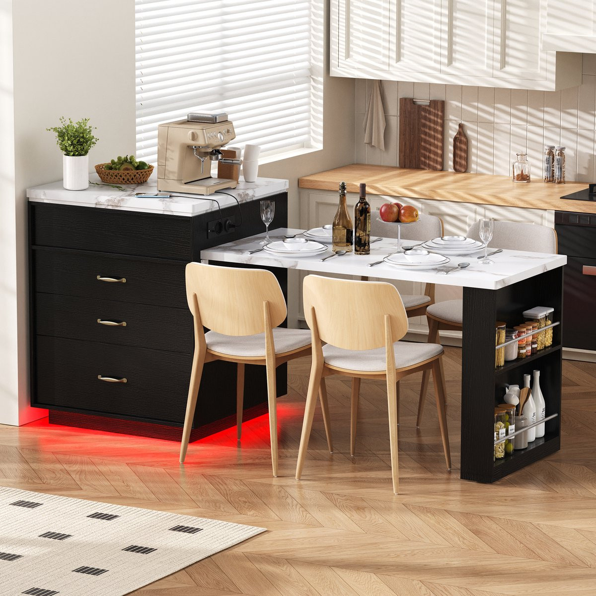 KOMHTOM Keukeneiland en Keukentafel met uitschuifbaar blad, LED-verlichting, wieltjes en stekkerdozen, Zwart
