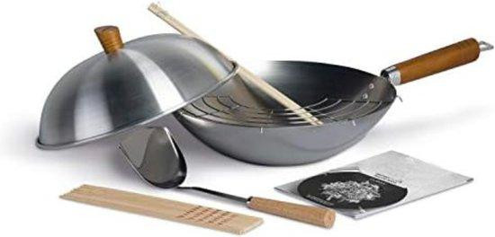 Non-stick wokpan met glazen deksel, 31 cm, zilver, koolstofstaal en aluminium