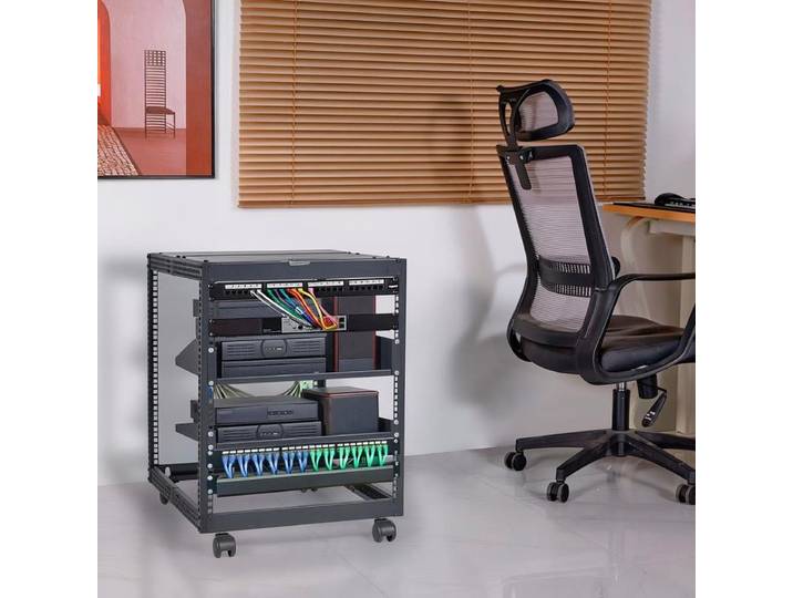 Rack de serveur 12U avec cadre ouvert, profondeur réglable de 58,5 à 101,6 cm, autoportant/montable au mur, rack de serveur réseau 4 poteaux