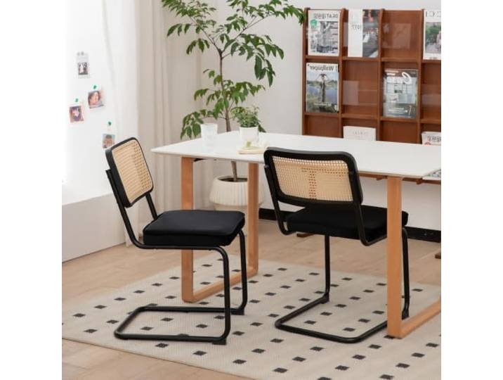 Ropilly Esszimmerstühle 2er-Set Velours-Rattan-Stühle mit Chromgestell Mid-Century Modern Design für Esszimmer und Küche