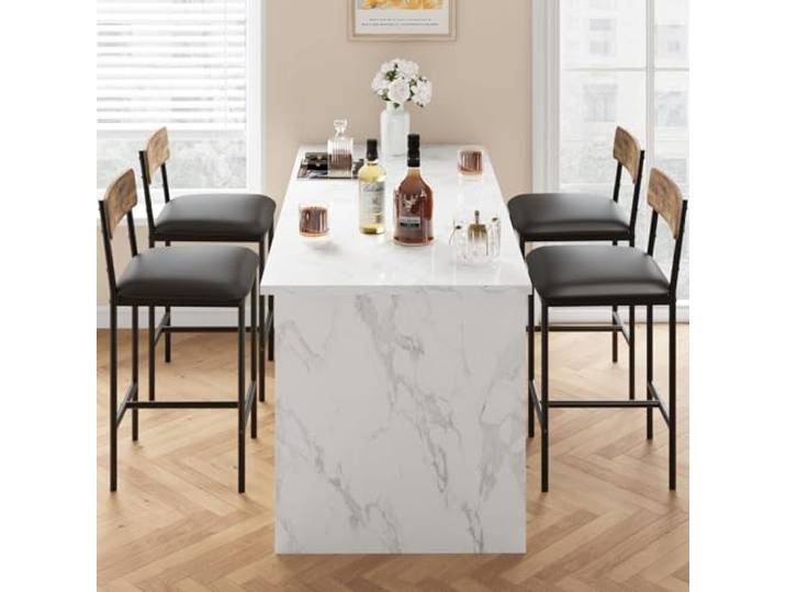 Barhocker 4er Set Mit Rückenlehne, 65 cm, Kunstleder, Industrie-Design Fußstütze, bis 136 kg belastbar, MDF & Stahl, wasserabweisend, einfache Montage