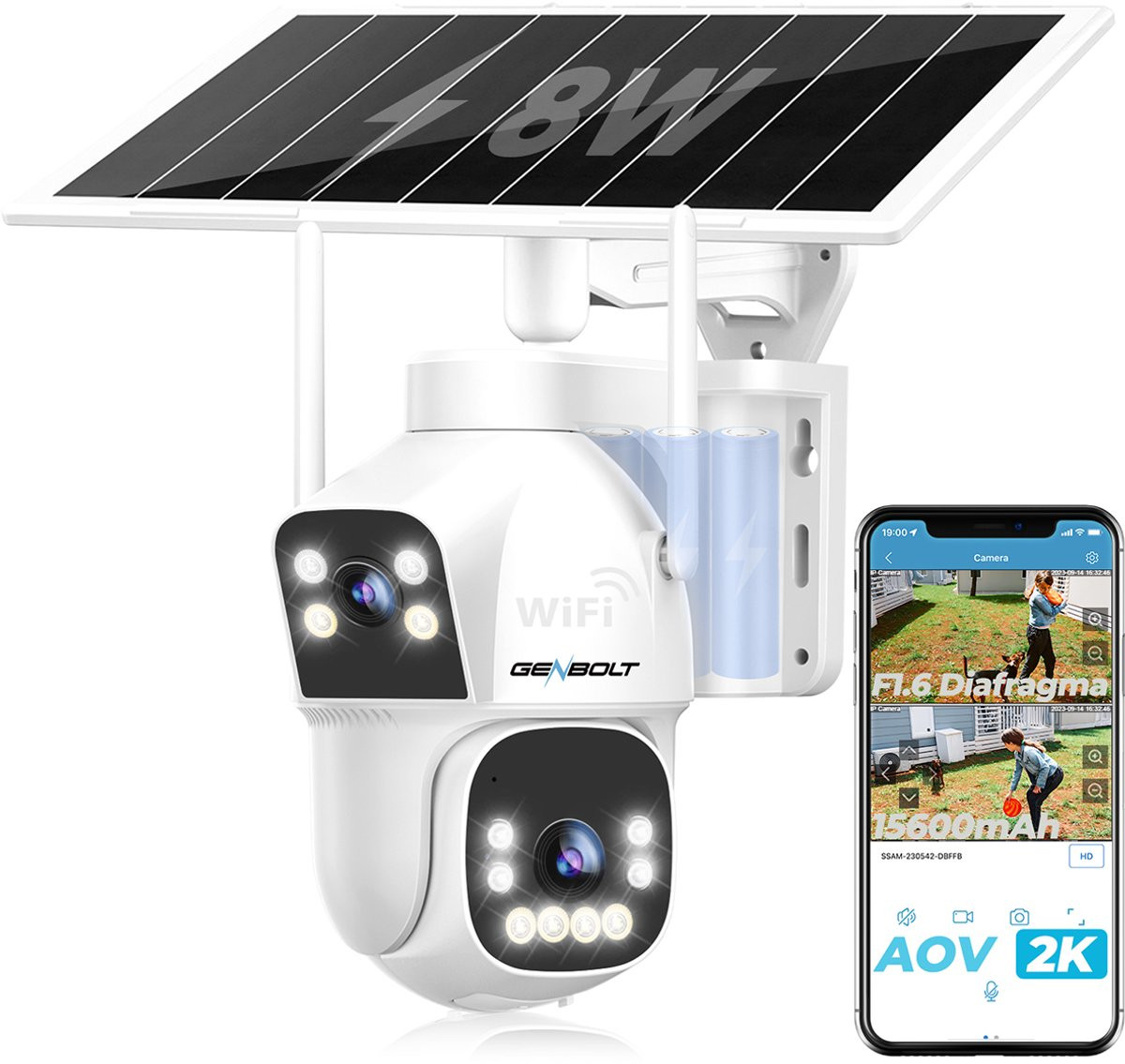 GENBOLT Solar Beveiligingscamera Buiten WiFi Draadloos met 8W Zonnepaneel, 2.5K HD Dual Lens PTZ, AI-detectie en Kleurennachtzicht