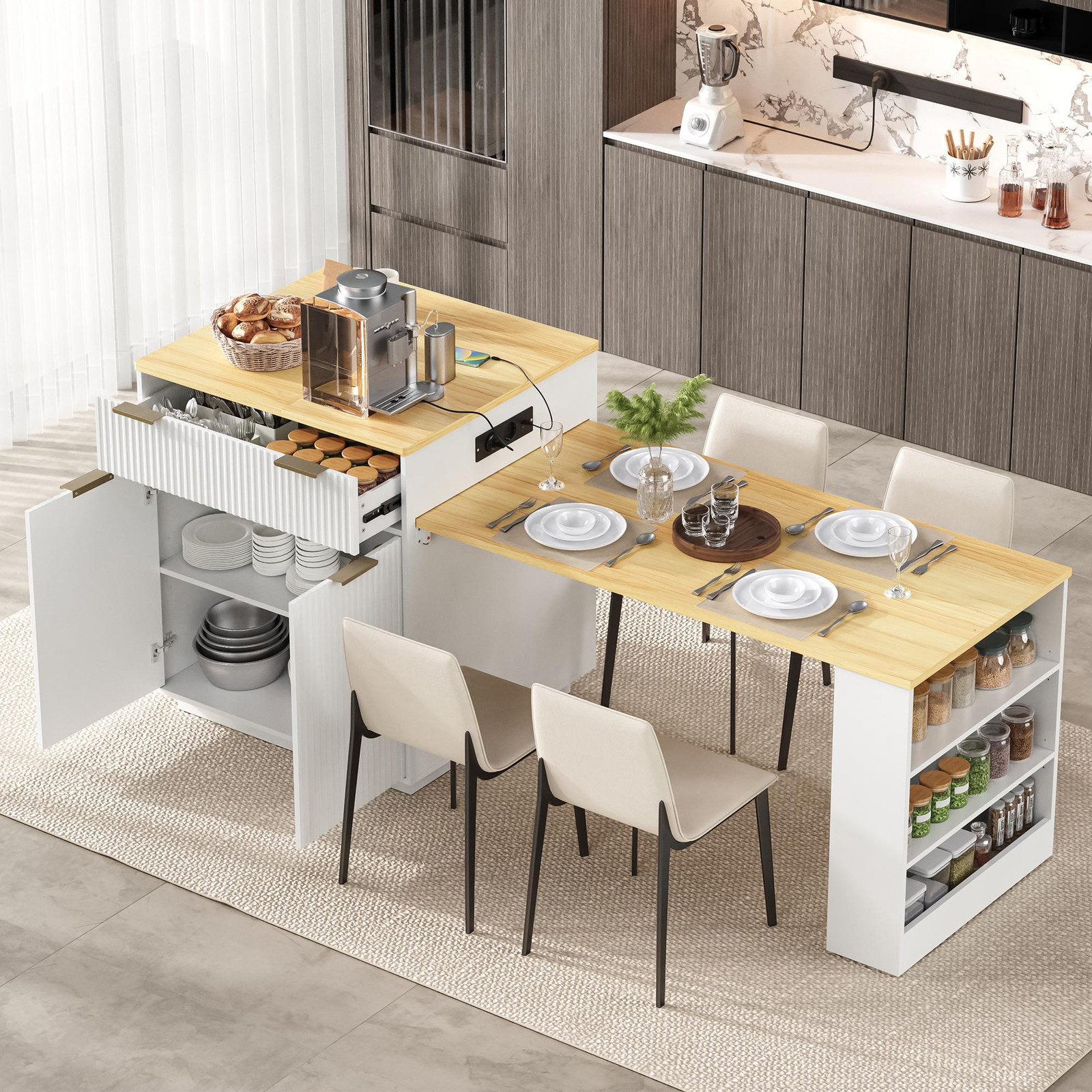 MODFU Keukeneiland met uitschuifbare eettafel, LED-verlichting en USB/Type-C-oplaadstation, wit, Breedte: 125 cm