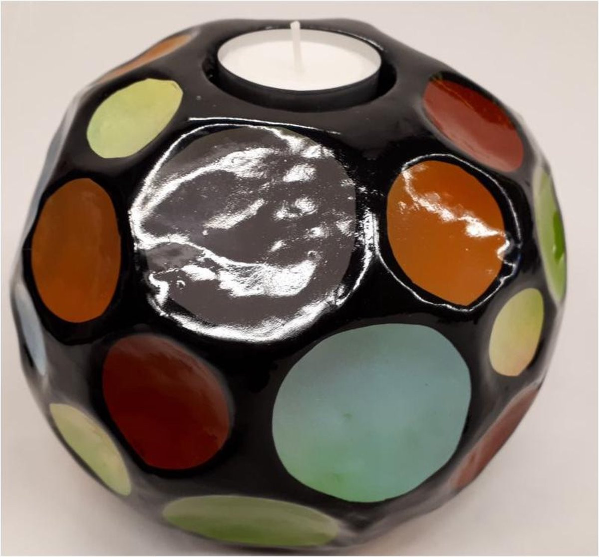 Wisnu Ronde grote sfeerlichthouder Sadee zwart met multicolor stippen voor tealights
