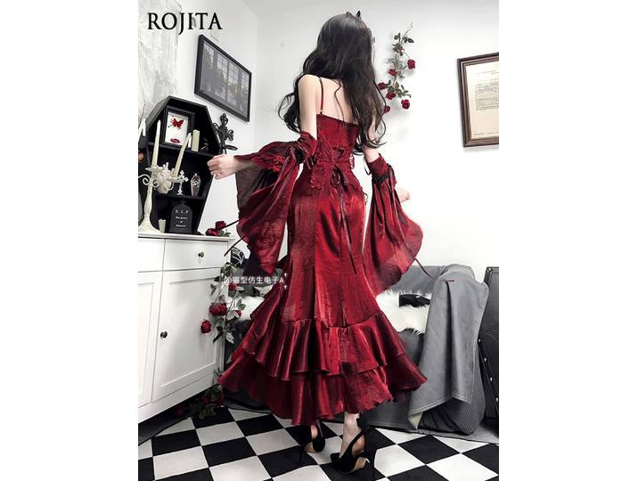 Robe Sirène Gothique Rouge Rose Lolita Élégante Muse Royal Sister avec Manches pour Banquet