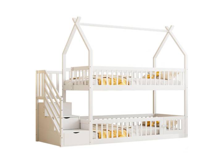 Redom Etagenbett 90/200 cm mit Hausdach, Sicherheitstreppe und Schubladen, Weiß, 90x200 cm, Babymöbel & Kindermöbel, Kinderzimmer & Jugendzimmer, Stockbetten